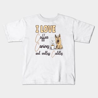 I Love Coffee Canines and Cuddles German Shepherd Owner Funny Kids T-Shirt